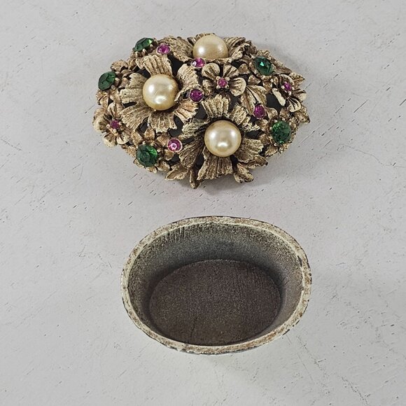 Vintage Florenza Gold-Toned Floral Basket Trinket Box Faux Pearls Rhinestones - Picture 8 of 9
